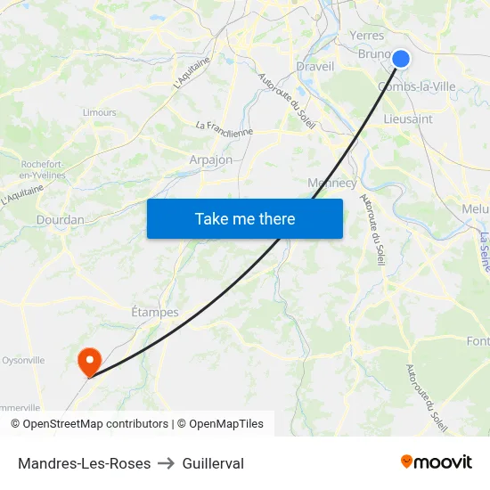 Mandres-Les-Roses to Guillerval map