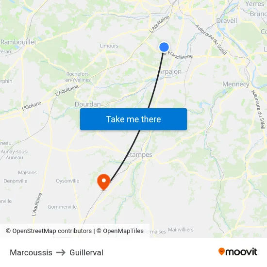 Marcoussis to Guillerval map