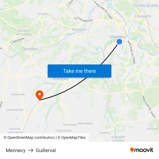 Mennecy to Guillerval map