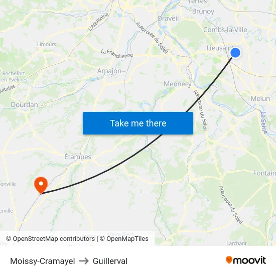 Moissy-Cramayel to Guillerval map