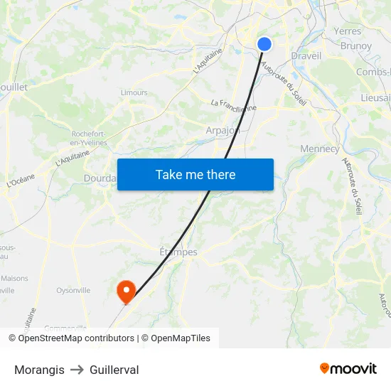 Morangis to Guillerval map