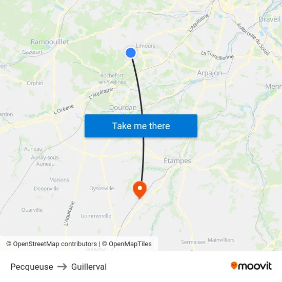 Pecqueuse to Guillerval map