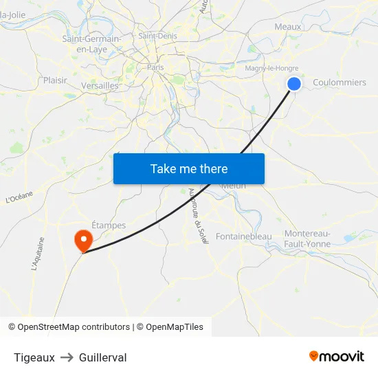 Tigeaux to Guillerval map