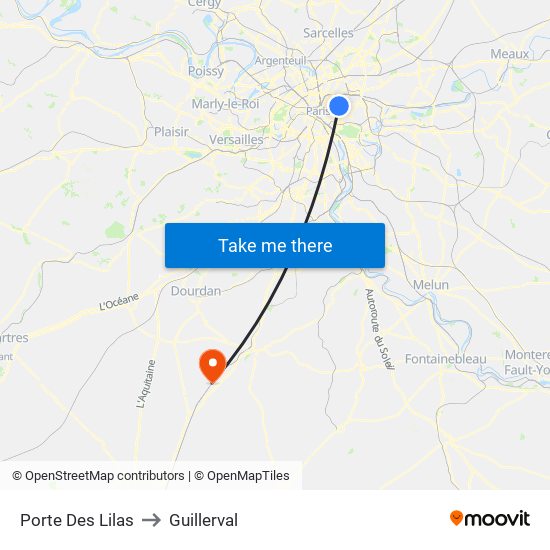 Porte Des Lilas to Guillerval map