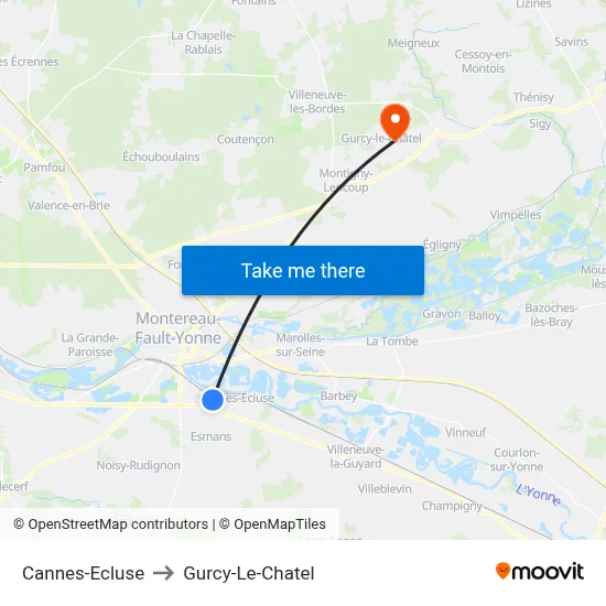 Cannes-Ecluse to Gurcy-Le-Chatel map