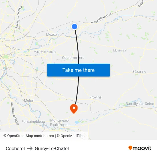 Cocherel to Gurcy-Le-Chatel map