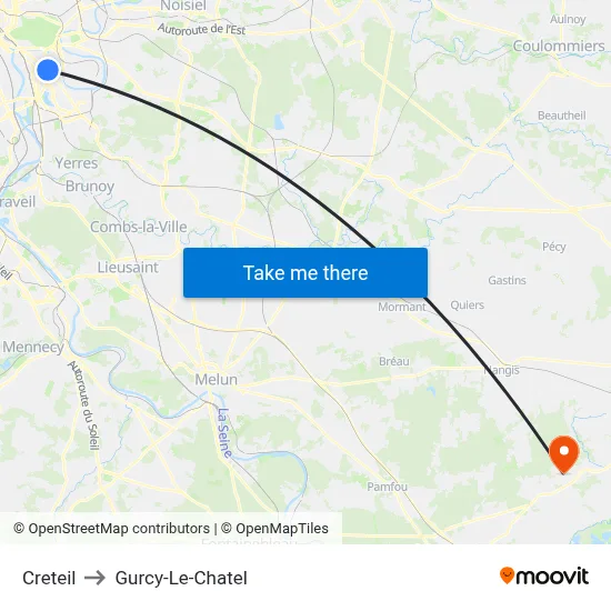 Creteil to Gurcy-Le-Chatel map