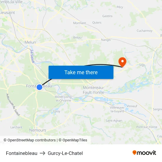 Fontainebleau to Gurcy-Le-Chatel map