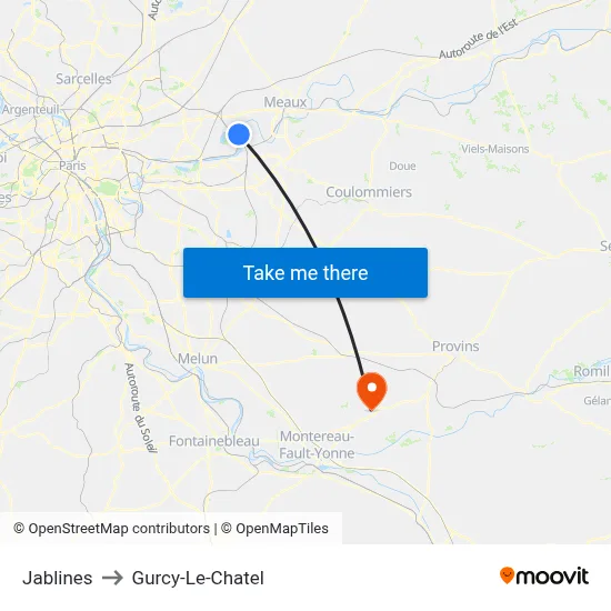 Jablines to Gurcy-Le-Chatel map