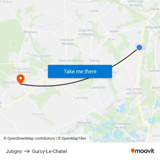 Jutigny to Gurcy-Le-Chatel map