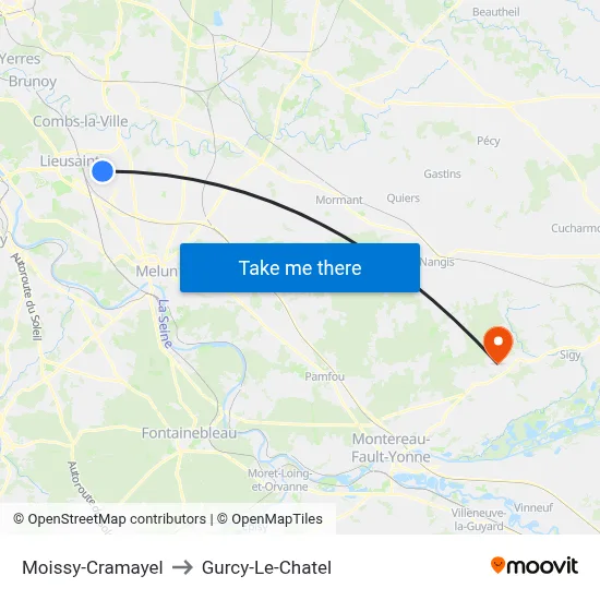 Moissy-Cramayel to Gurcy-Le-Chatel map