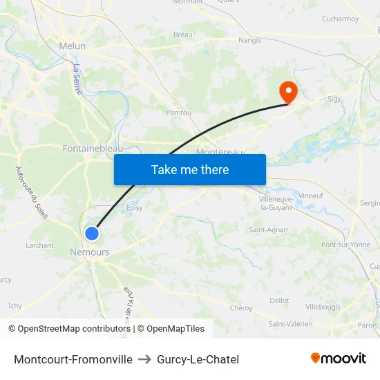 Montcourt-Fromonville to Gurcy-Le-Chatel map