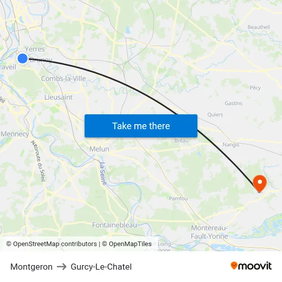 Montgeron to Gurcy-Le-Chatel map