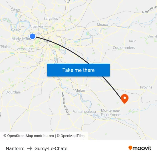 Nanterre to Gurcy-Le-Chatel map