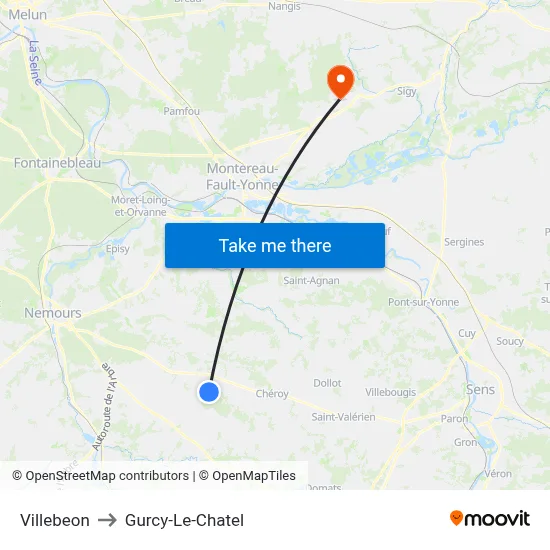 Villebeon to Gurcy-Le-Chatel map
