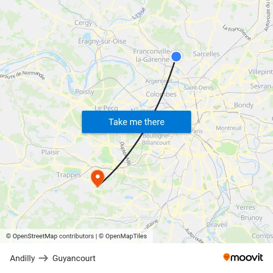 Andilly to Guyancourt map