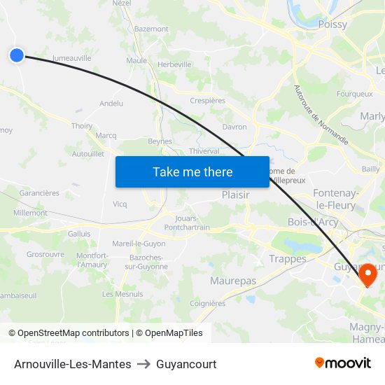 Arnouville-Les-Mantes to Guyancourt map