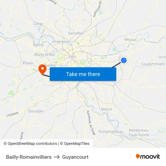 Bailly-Romainvilliers to Guyancourt map
