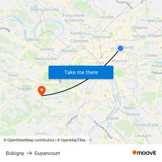 Bobigny to Guyancourt map