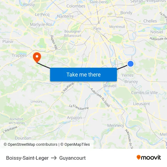 Boissy-Saint-Leger to Guyancourt map