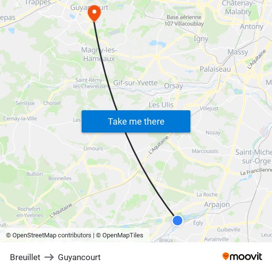 Breuillet to Guyancourt map