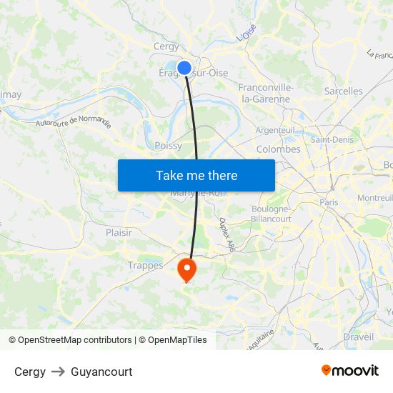 Cergy to Guyancourt map