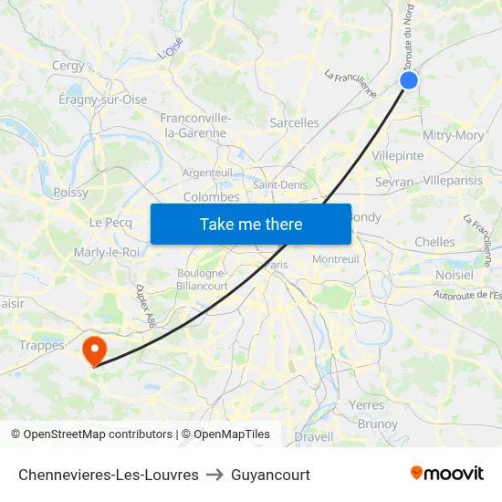 Chennevieres-Les-Louvres to Guyancourt map