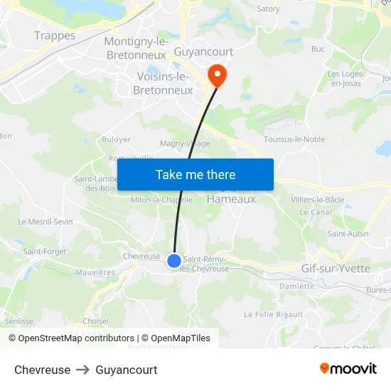 Chevreuse to Guyancourt map