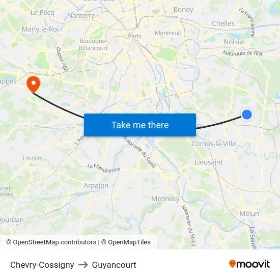 Chevry-Cossigny to Guyancourt map