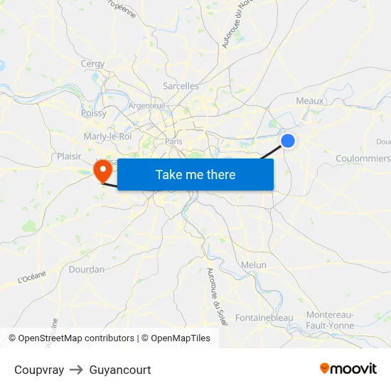 Coupvray to Guyancourt map