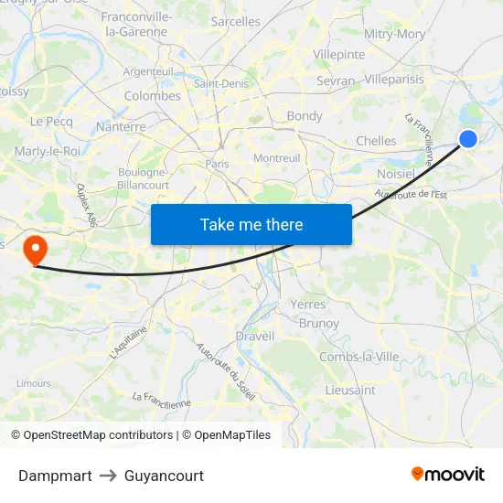 Dampmart to Guyancourt map
