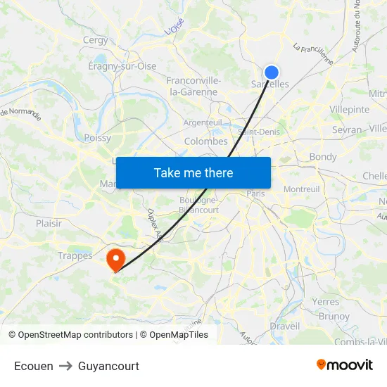 Ecouen to Guyancourt map
