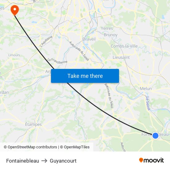 Fontainebleau to Guyancourt map
