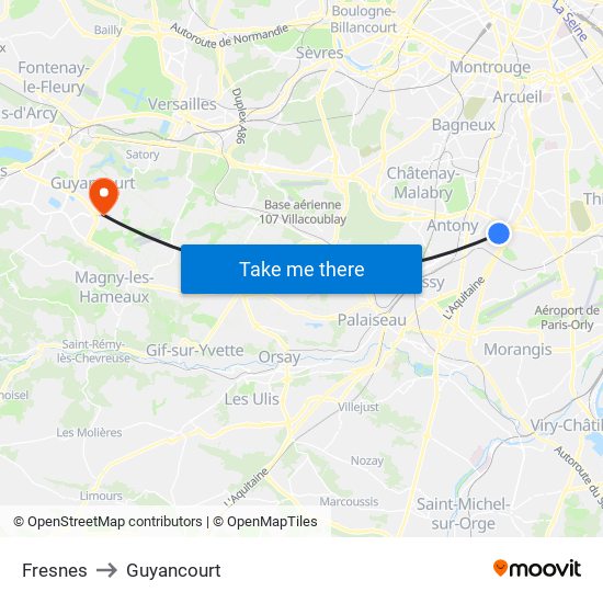 Fresnes to Guyancourt map