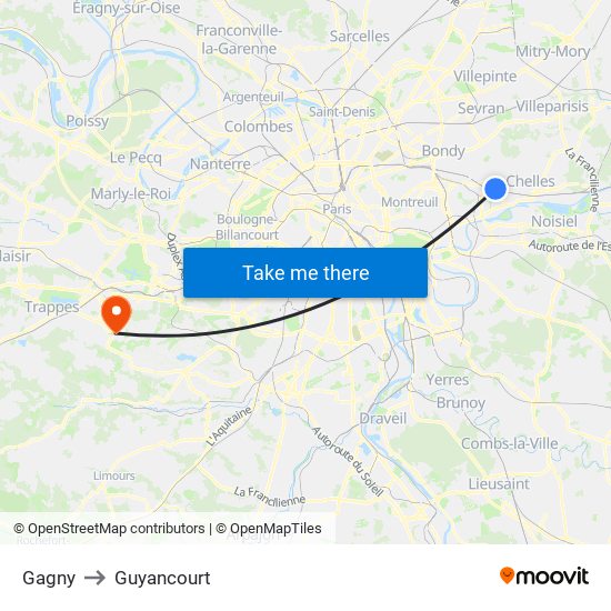Gagny to Guyancourt map