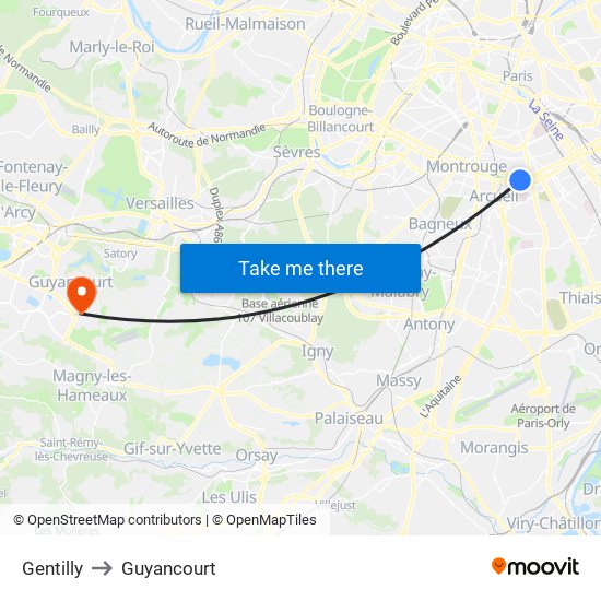 Gentilly to Guyancourt map