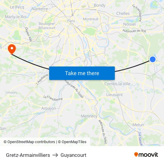 Gretz-Armainvilliers to Guyancourt map