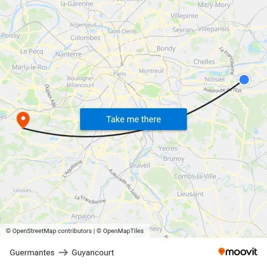 Guermantes to Guyancourt map