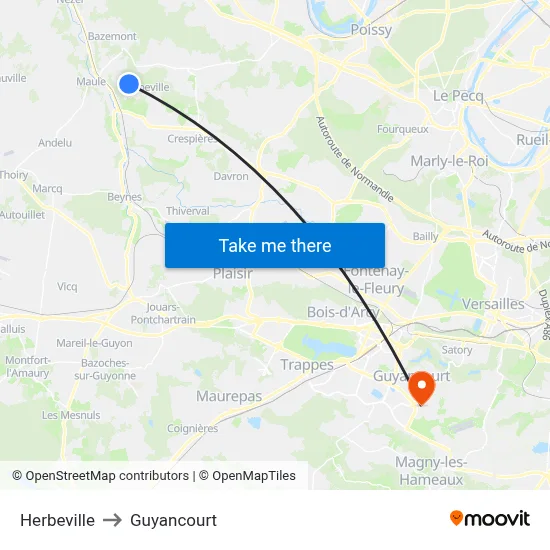 Herbeville to Guyancourt map