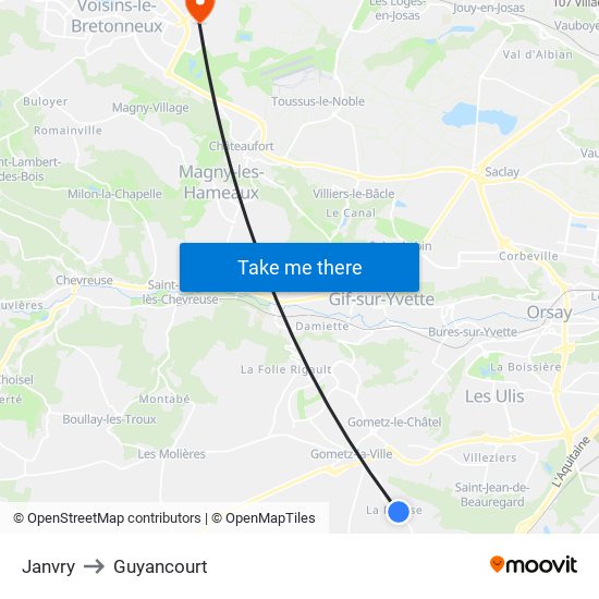 Janvry to Guyancourt map