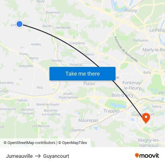 Jumeauville to Guyancourt map