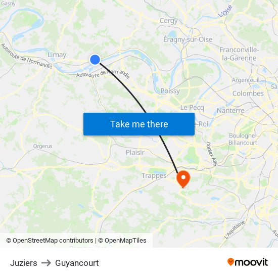 Juziers to Guyancourt map