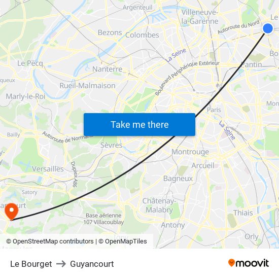 Le Bourget to Guyancourt map