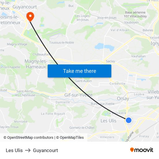 Les Ulis to Guyancourt map