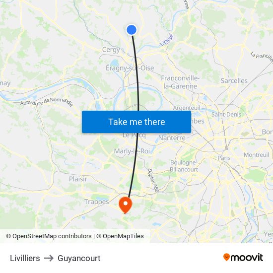 Livilliers to Guyancourt map