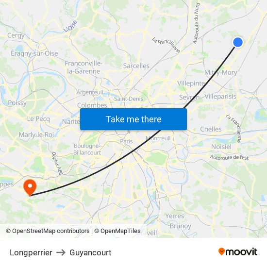 Longperrier to Guyancourt map