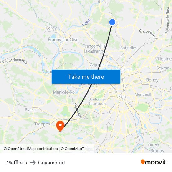Maffliers to Guyancourt map