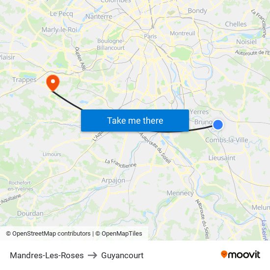 Mandres-Les-Roses to Guyancourt map