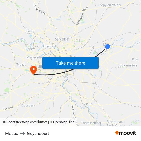 Meaux to Guyancourt map