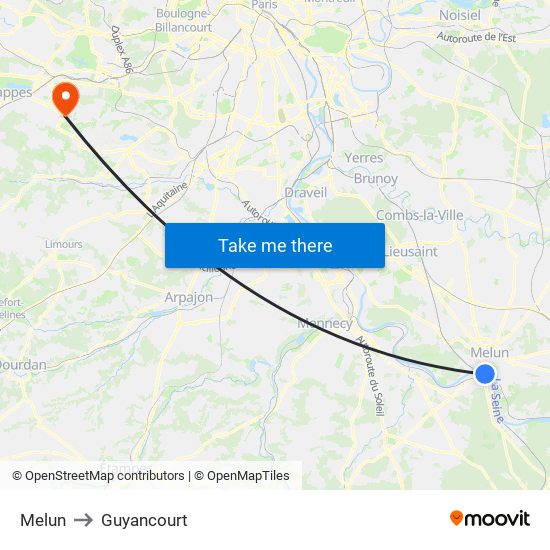 Melun to Guyancourt map